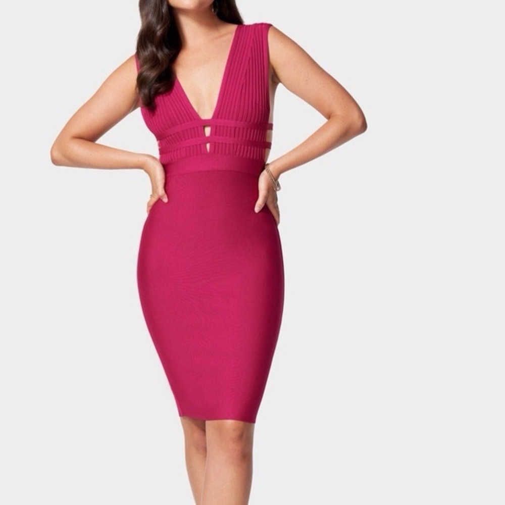 NWT - Bebe Women's Fuchsia Bodycon Dress with Strappy V-Neck